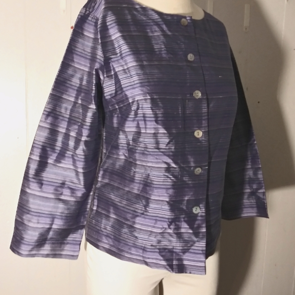 Talbots size 4 purple mauve silver striped 100% silk button up blouse 3/4 sleeve